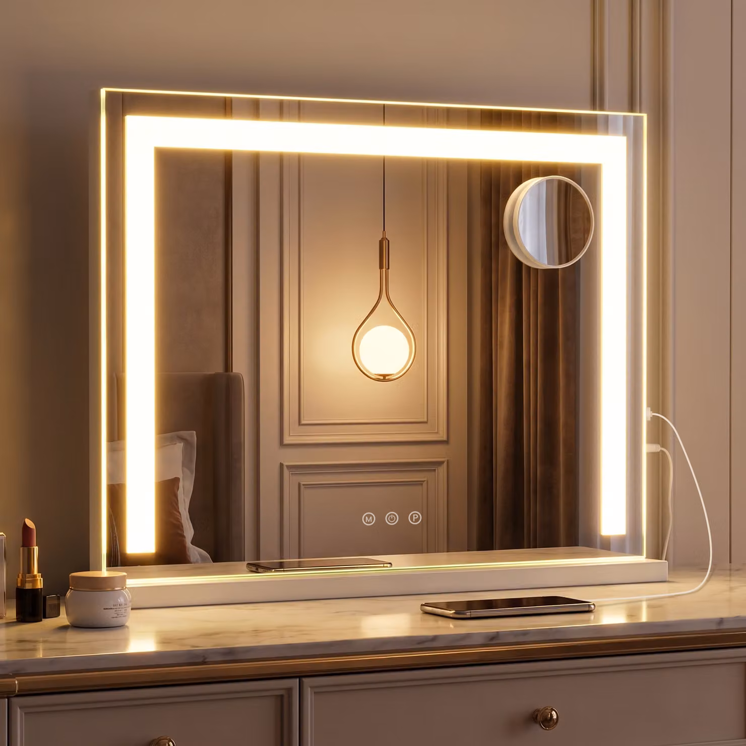 Costway Specchio da bagno con luci e ingrandimento 10x, Specchio da trucco per parete e tavolo con 3 colori e luminosità regolabili 58 x 10 x 43 cm