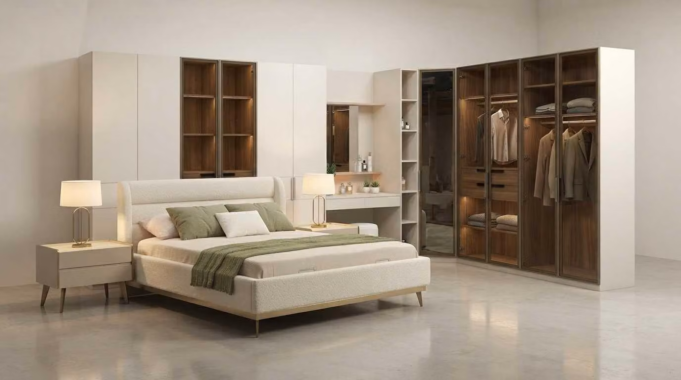 Set per camera da letto beige, moderno, letto, armadio, comodini