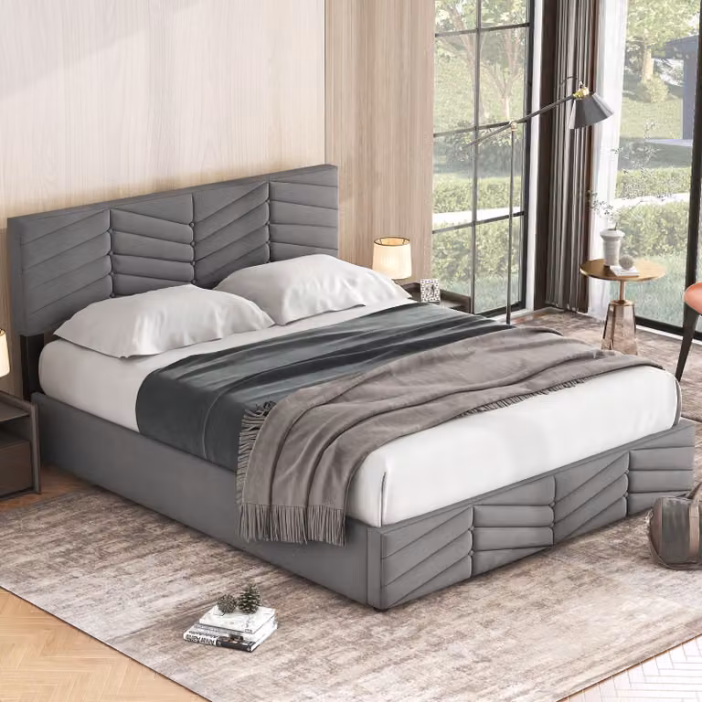 okwish Letto imbottito 140 x 200 cm, Letto matrimoniale, letto idraulico, velluto, stile a righe, letto continentale, testata regolabile in altezza, grigio
