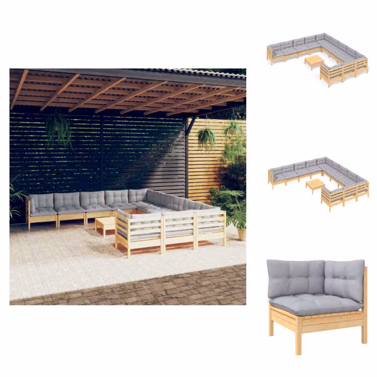 vidaXL Set di 12 pezzi da giardino con cuscini grigi in legno di pino - Set di mobili da giardino
