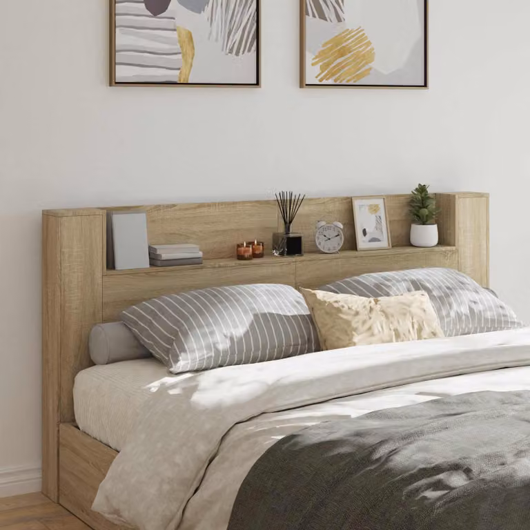 Testiera di stoccaggio con LED e porta USB vidaXL in Rovere Sonoma, marrone opaco, L: 200 cm, H: 103,5 cm, P: 16,5 cm