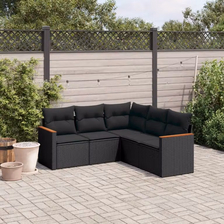 vidaXL Set Divani da Giardino a L 5 pz in Polyrattan Nero con Cuscini Imbottiti e Rivestimenti Rimovibili