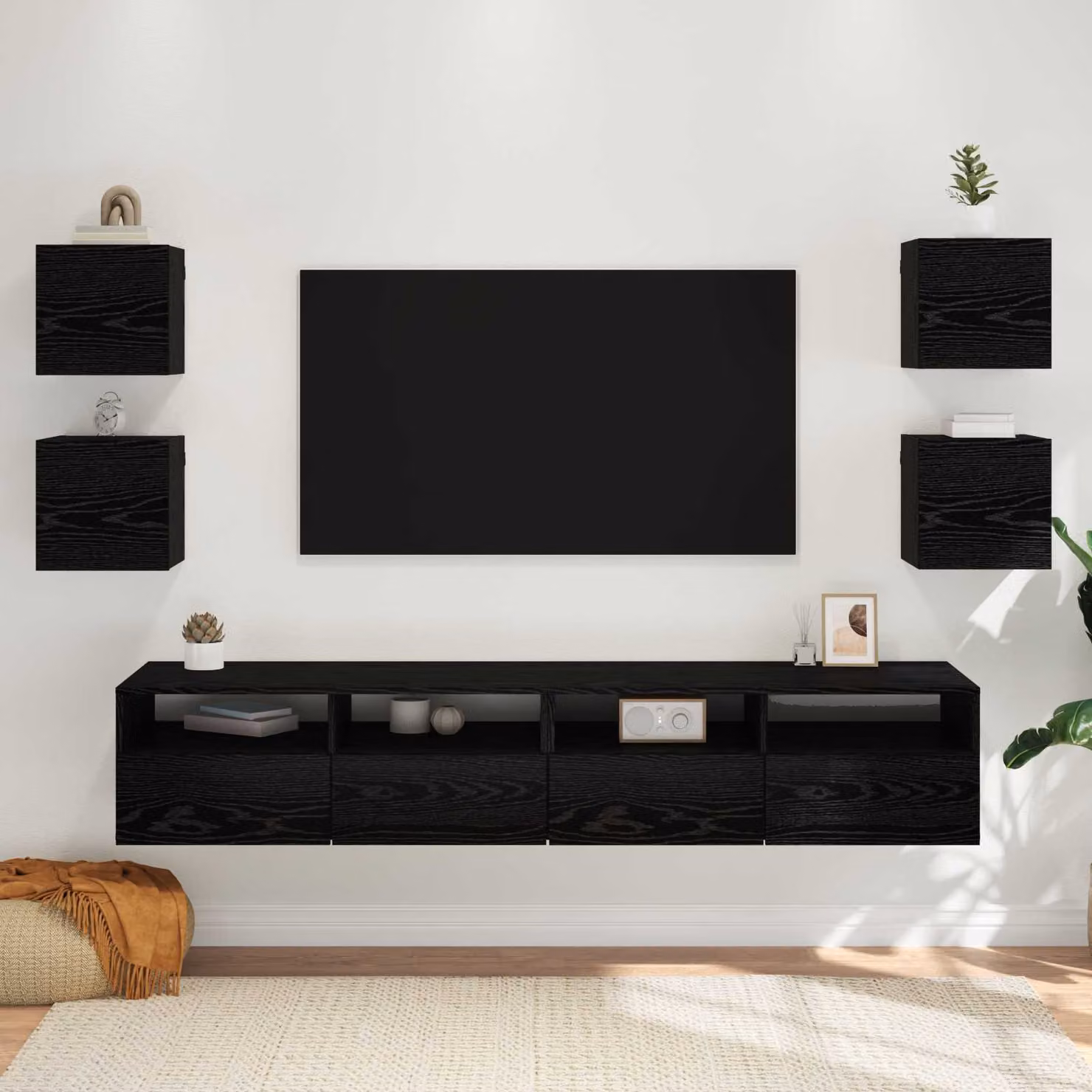 Mobile TV da parete vidaXL Rovere e Nero in legno ingegnerizzato con scomparti multimediali