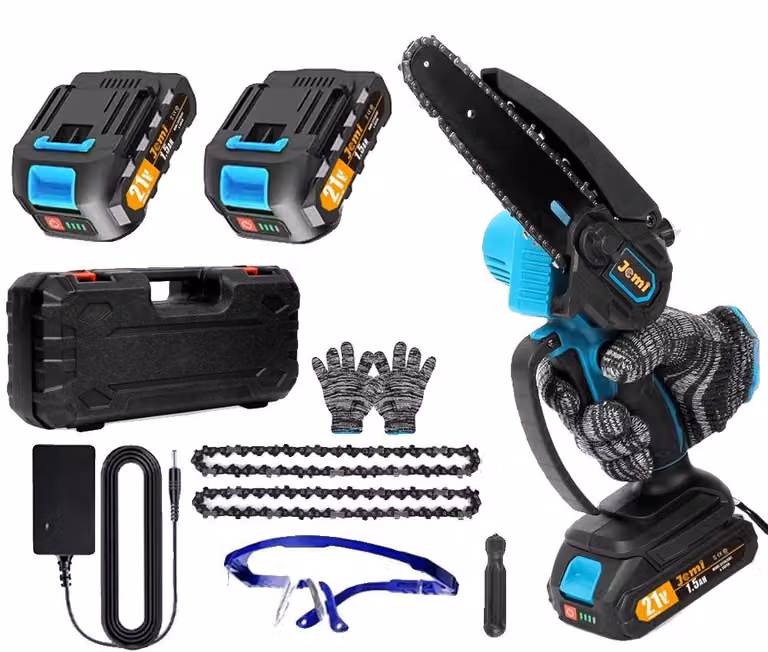 Mini motosega elettrica, design leggero, alta velocità di taglio, 2 batterie, 2 catene