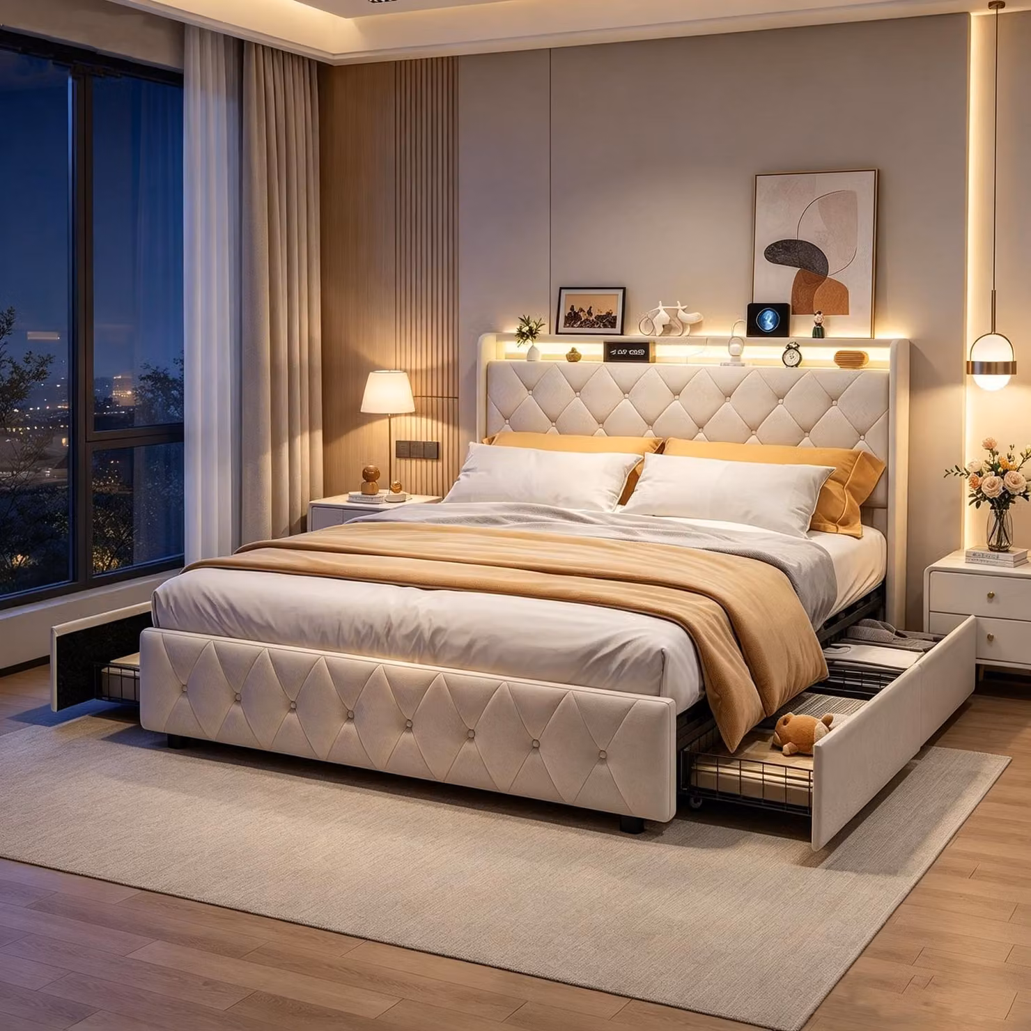 Letto matrimoniale con boxspring, imbottito, 160x200 cm, con LED e porte USB/C, dotato di 4 cassetti e rete a doghe, struttura letto con testiera contenitore, rivestito in velluto color beige
