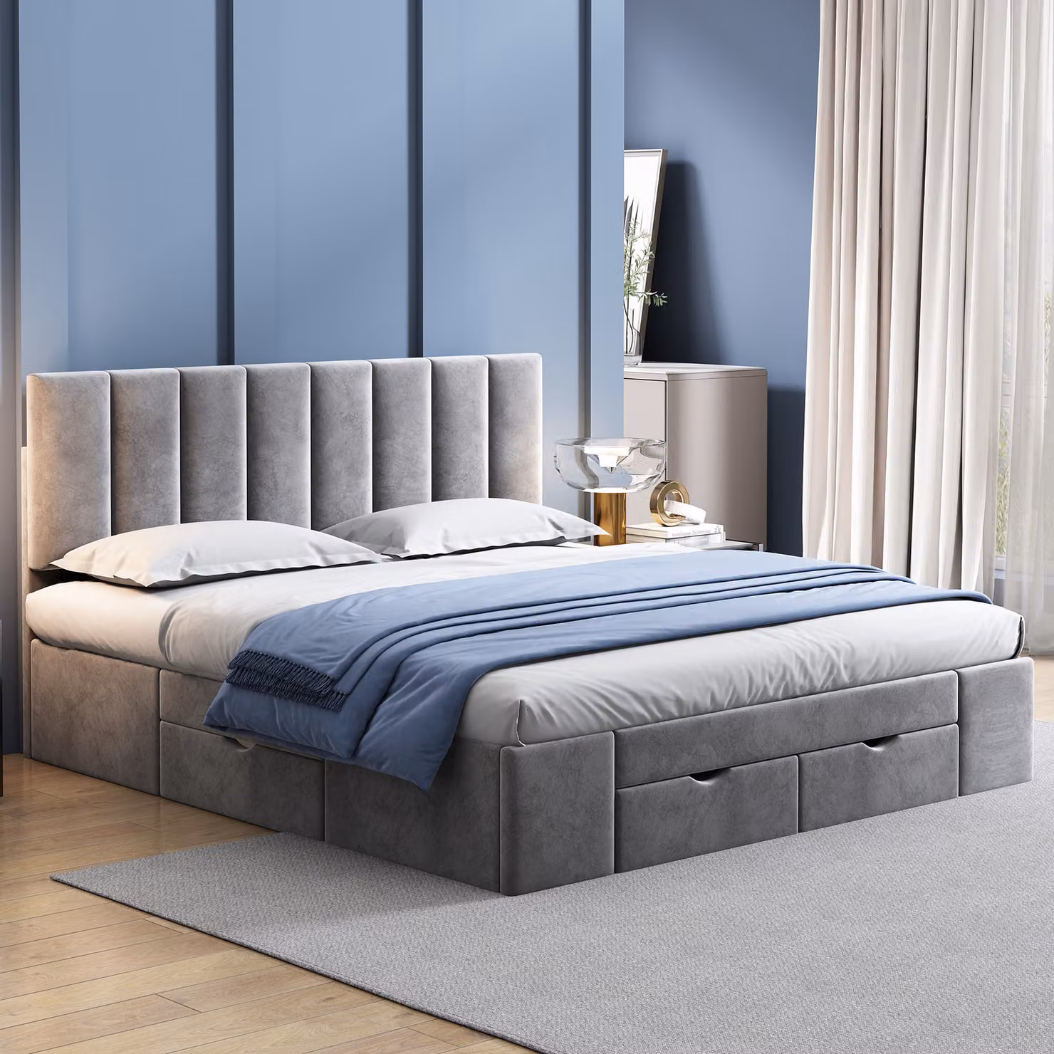 okwish Letto imbottito 160 x 200 cm con rete a doghe, con poggiatesta, 4 cassetti, letto per la casa, letto in velluto, grigio