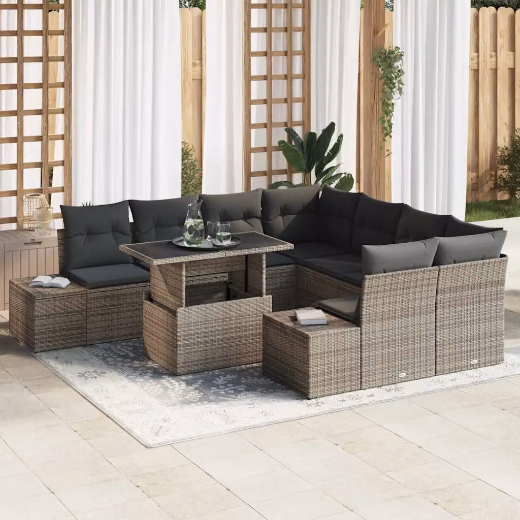 Set Divano da Giardino a Forma di U vidaXL in Polyrattan Grigio con Tavolino e Cuscini – 1