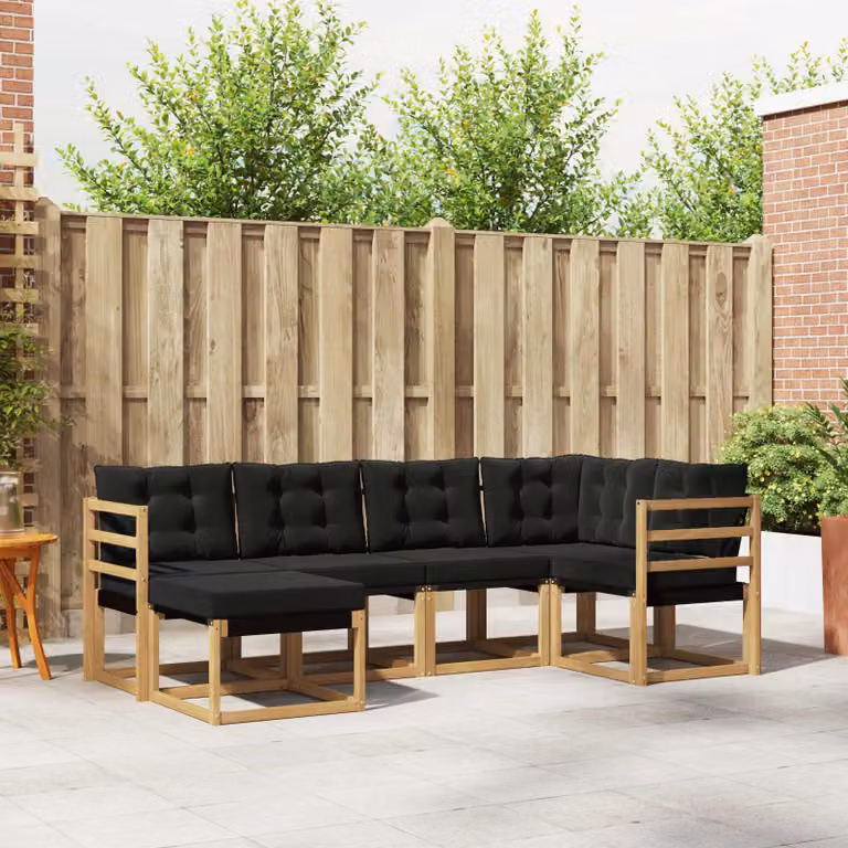 Set di divani da esterno vidaXL 6 pz in legno di acacia con cuscini bianchi e neri e rivestimento in textilene