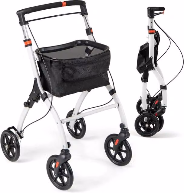 Rollator per anziani con vassoio cesto per la spesa 4 ruote e freni-Deambulatore pieghevole regolabile in altezza Bianco e nero