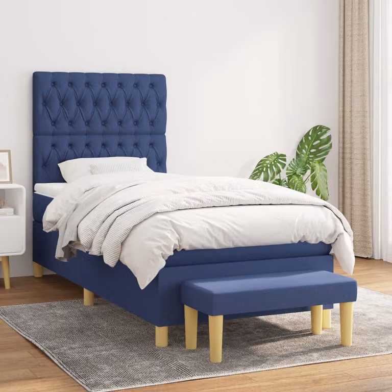vidaXL Letto Ibrido con Giroletto a Molle e Materasso in Tessuto Blu e Bianco L 100 cm x P 200 cm x H 128 cm