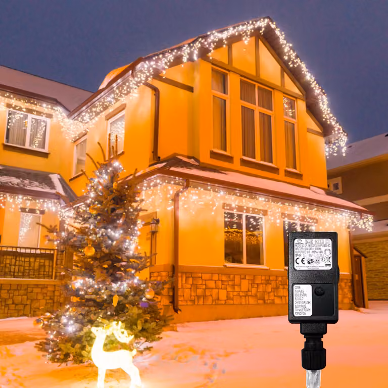Ikodm, catena luminosa effetto pioggia di neve, 600 LED bianco caldo, lunghezza 15 metri, tenda luminosa, 31 V, grado di protezione IP44, 8 modalità con memoria, ideale per il Natale