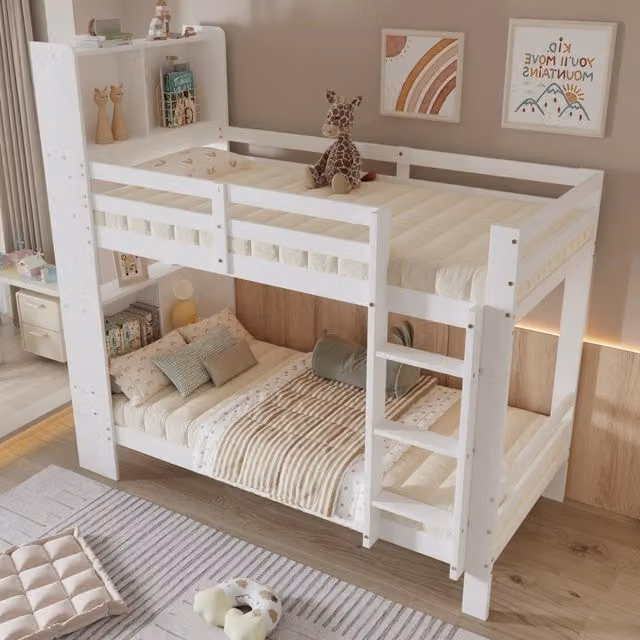 Letto a castello 2 posti 90×200 cm con ripiani nella testiera, scala a 3 gradini e barriera, senza materasso, bianco