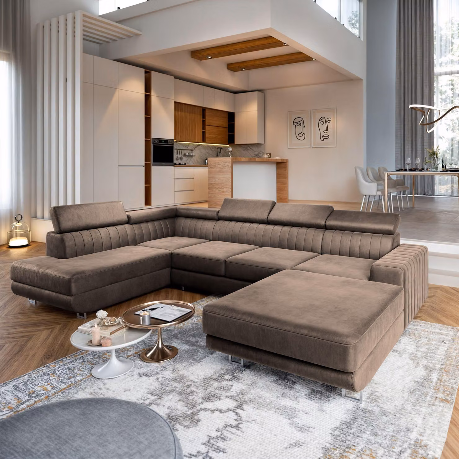Divano angolare Masseno SIENA L-S con funzione letto a U, divano con box letto, divano da soggiorno, divano, divano letto, set di divani - beige, MONOLITH 09