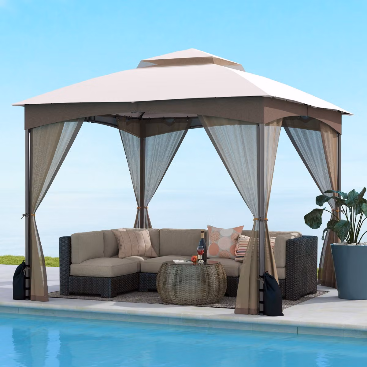 Gazebo da patio Costway con tetto morbido a doppio strato, pareti in rete con cerniera e 4 sacchi di sabbia, colore Sabbia, L/P: 300 x 300 cm