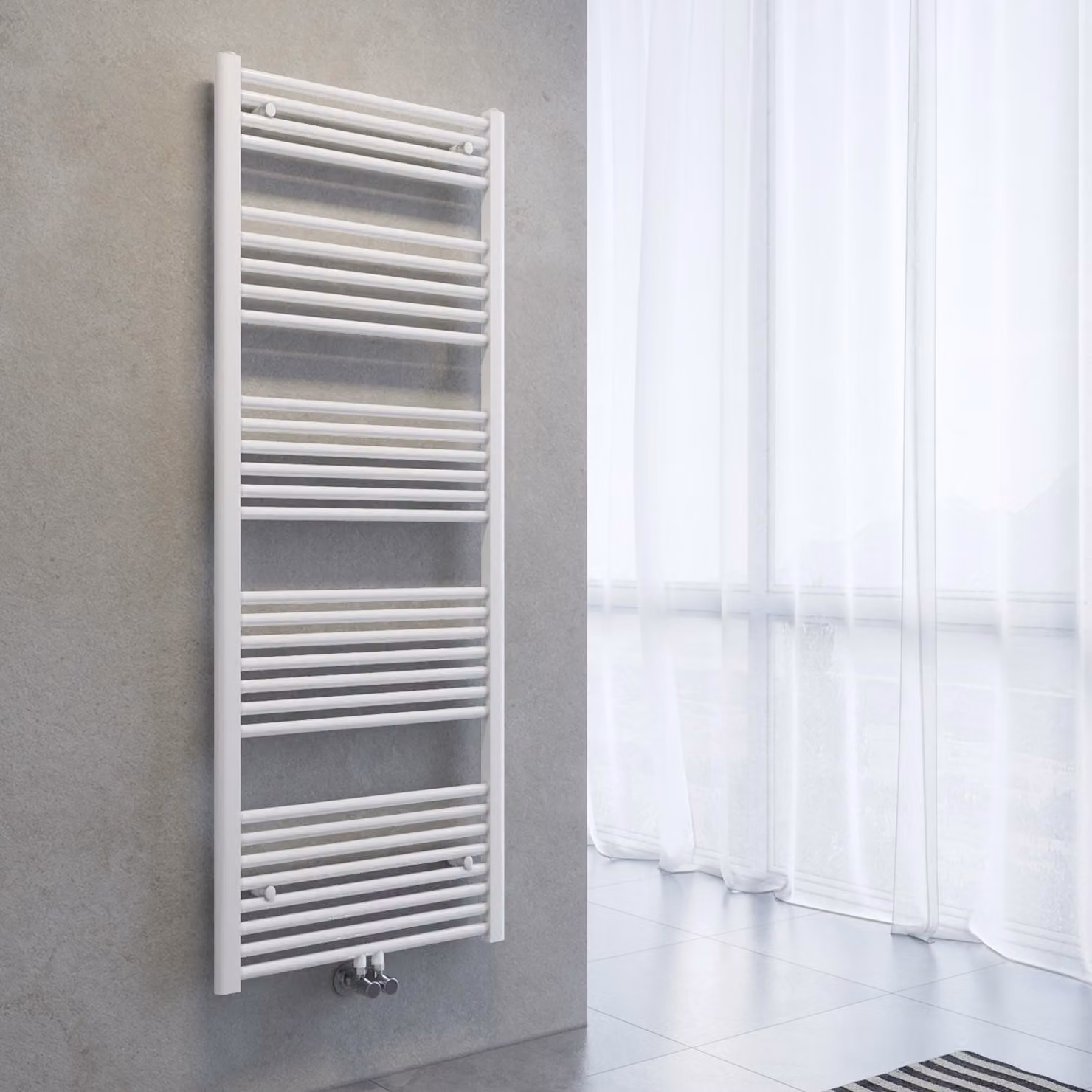 Radiatore asciuga-asciugamani SONNI, dimensioni 1600 x 600 mm, colore bianco, sistema di riscaldamento ad acqua calda, senza resistenza elettrica