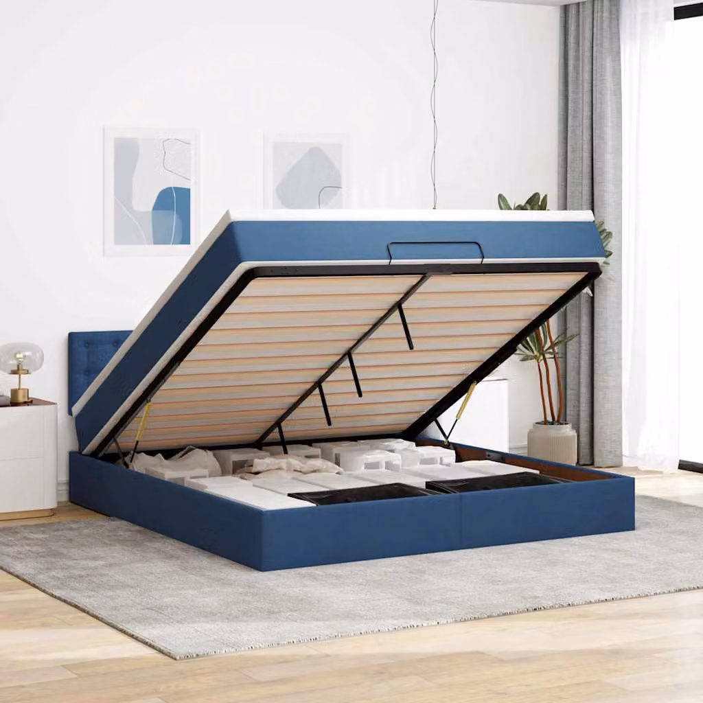 vidaXL Struttura Letto con Materasso e Contenitore a Sollevamento, Tessuto Blu e Bianco, L: 160 cm, P: 200 cm, H: 88 cm – 1