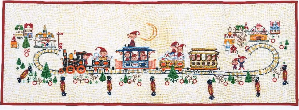Kit per ricamo "Calendario dell'Avvento, treno" di Eva Rosenstand, schema a punto croce, dimensioni 40x115 cm