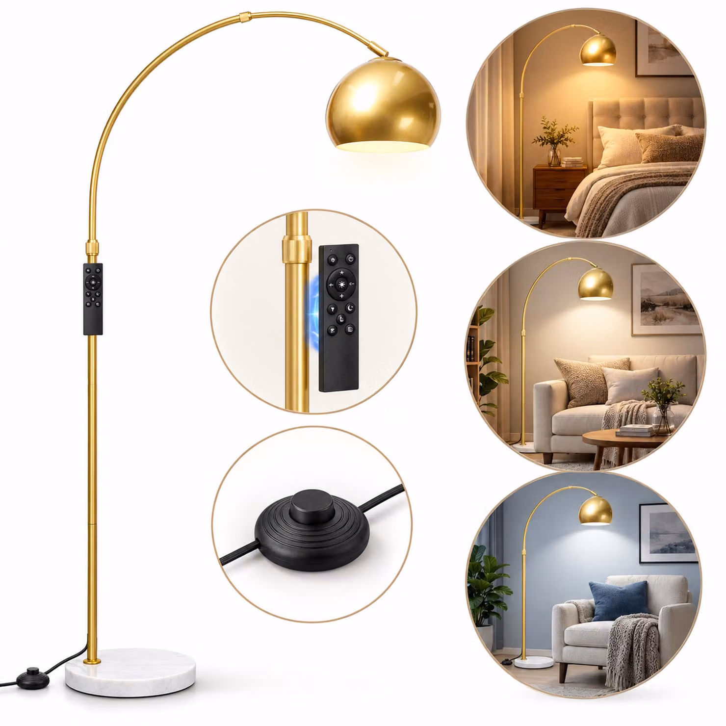 Lampada da terra moderna ad arco, altezza 175 cm, finitura dorata, struttura in metallo, paralume regolabile, base in marmo, con telecomando, dimmerabile, temperatura di colore regolabile da 3000 a 6500K, ideale per il soggiorno