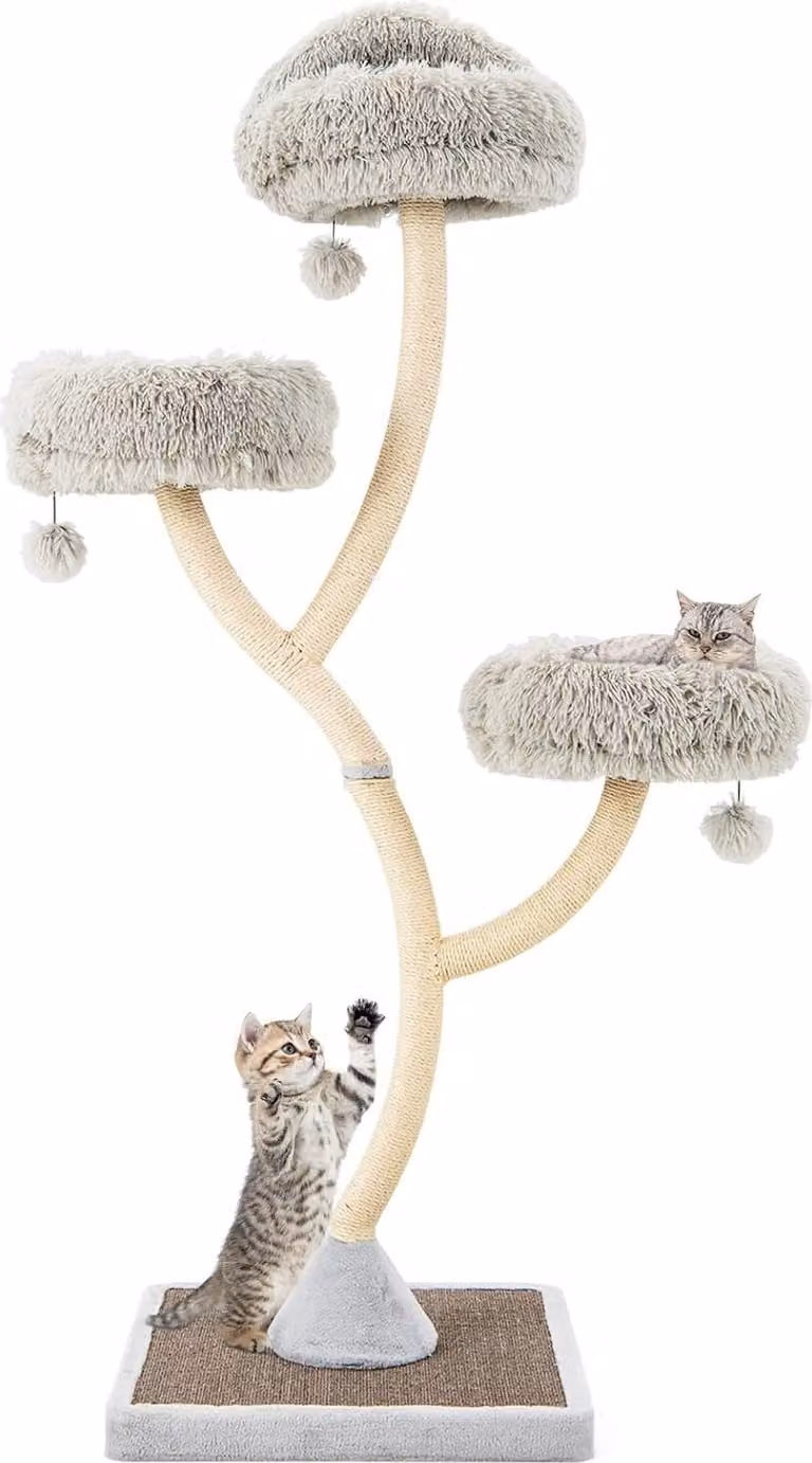 Tiragraffi COSTWAY, albero per gatti da 178 cm con tiragraffi in sisal, 3 aree calde per sdraiarsi e palline di peluche, torre per gatti con struttura in metallo curvata, albero per arrampicarsi, arredamento per gatti grandi e piccoli (grigio)