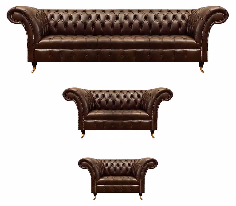 Braune Chesterfield Ledersofas Designer Ledersessel Dreisitzer 3tlg Set