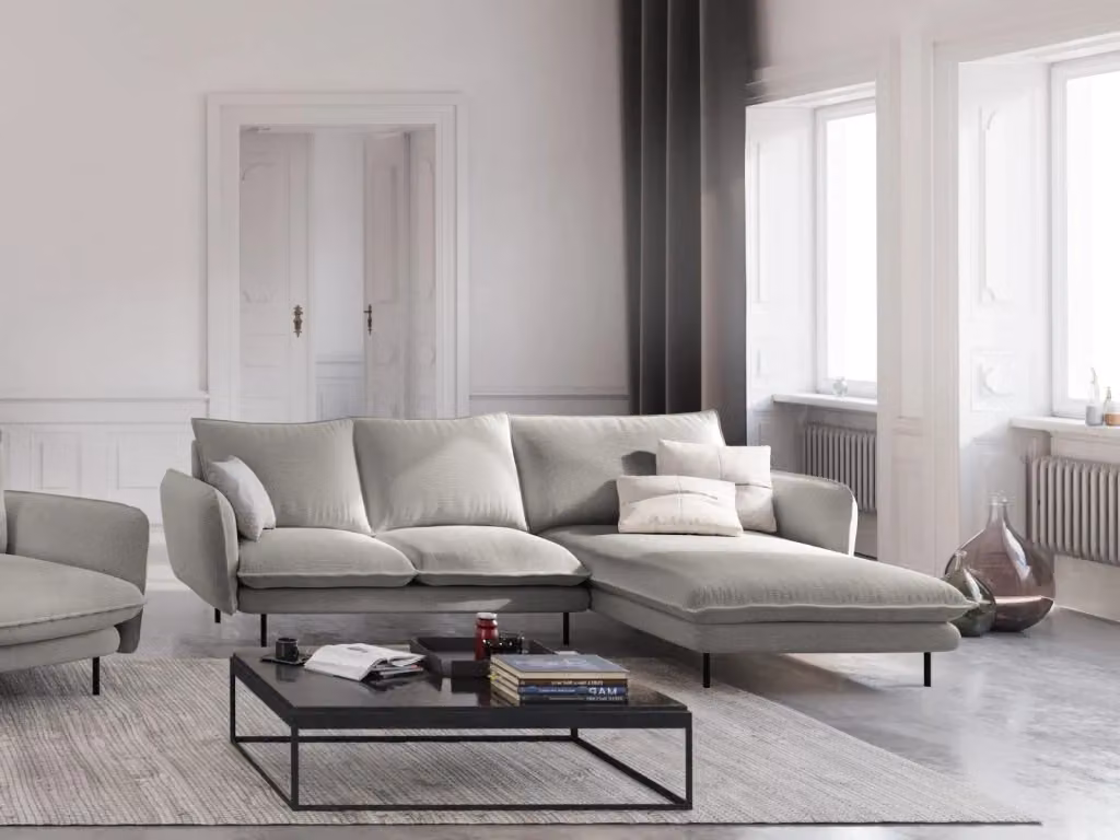 Divano angolare destro Vienna di Cosmopolitan Design, 5 posti in tessuto grigio con struttura in metallo, L: 255 cm, P: 170 cm, H: 95 cm – 2