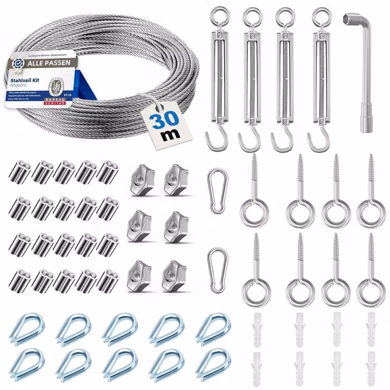 Kit di cavi in acciaio da 30 metri, composto da cavo in acciaio inossidabile da 3 mm e 58 componenti, adatto a diverse applicazioni