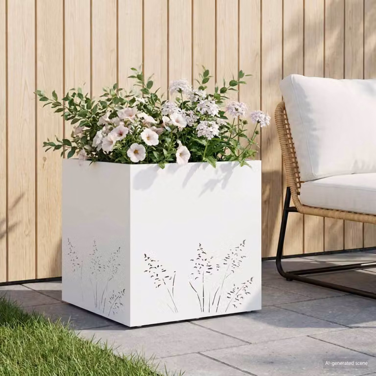 vidaXL Vaso da giardino in metallo Bianco L: 50 cm, P: 50 cm, H: 49 cm