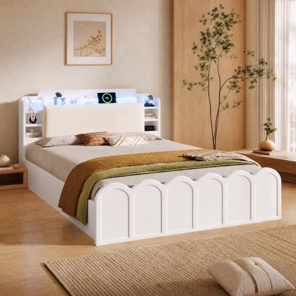 Letto Contenitore REDOM Bianco con Base Idraulica, LED, Porta USB-C e Ripiano Laterale, L/P: 140 x 200 cm – 2