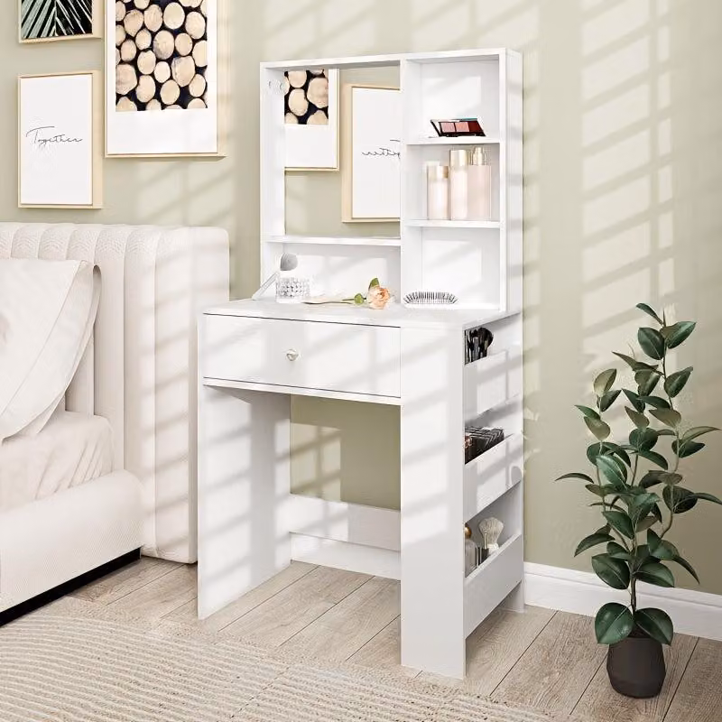 Comò moderno – Mobiletto da bagno – Specchiera da trucco – Tavolino da trucco in bambù bianco – Specchio a 3 lati