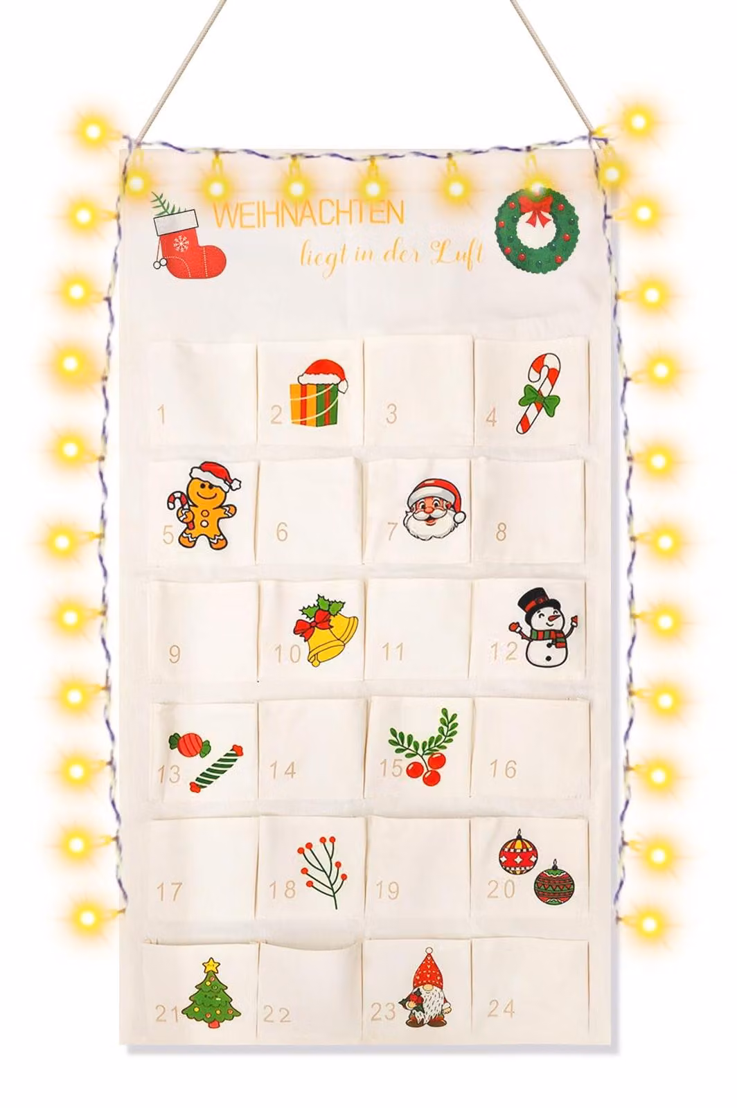 Calendario dell'Avvento in tessuto, con 24 scomparti, dimensioni 100x50 cm, riutilizzabile