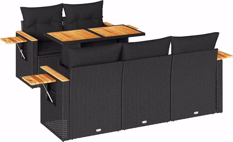Set Divano da Giardino 6 pz con Cuscini Nero Polyrattan Acacia