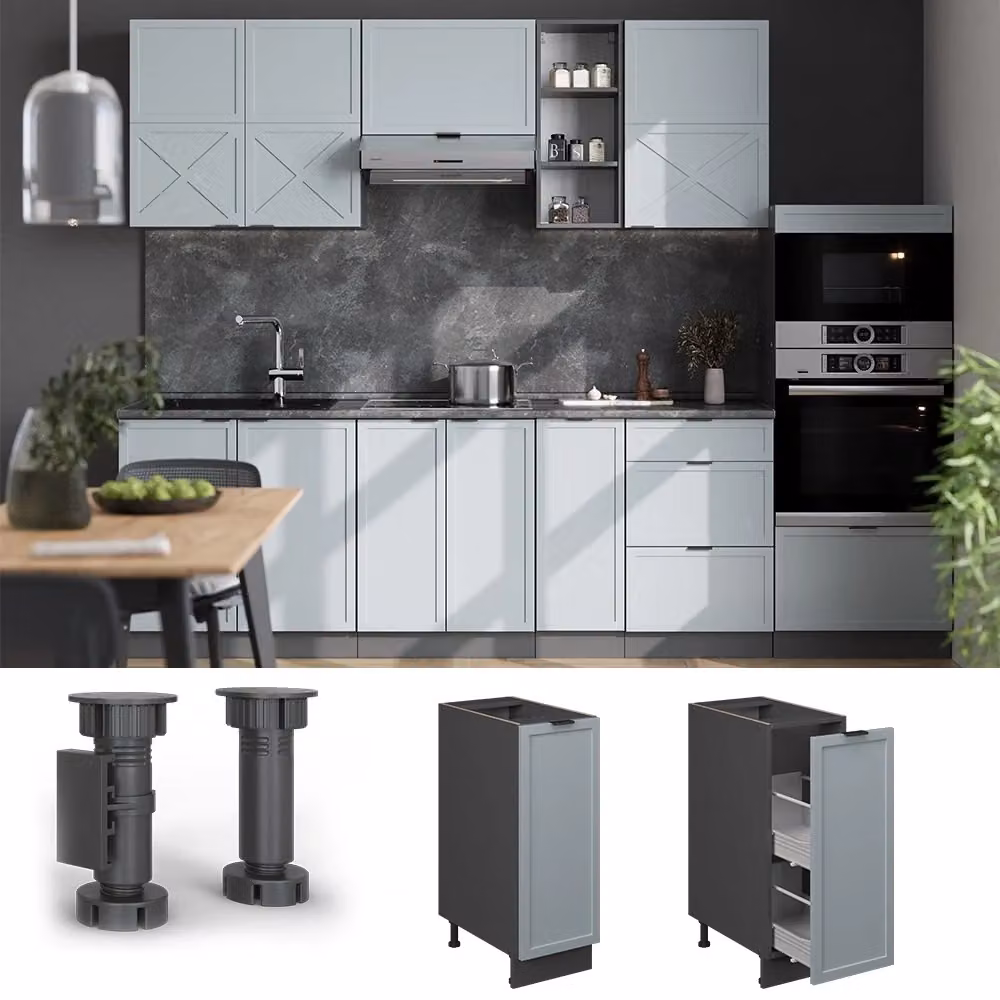 Armadio dispensa da cucina alto Fame-Line Vicco, colore blu-grigio chiaro e antracite, con ante a battente e ripiani interni, L: 30 cm – 2