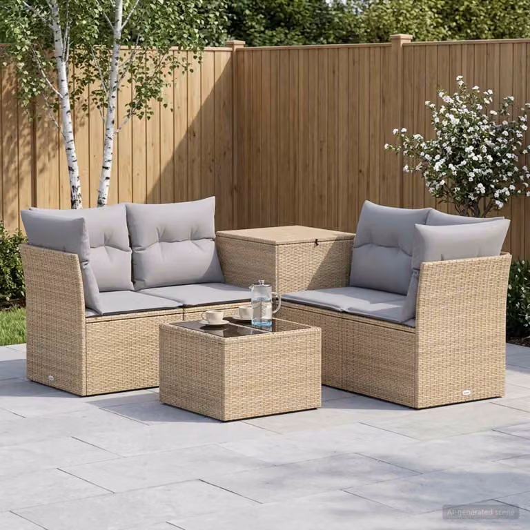 Set di divani da giardino vidaXL in polyrattan con forma a L, colore beige e grigio, composto da 6 pezzi con cuscini inclusi