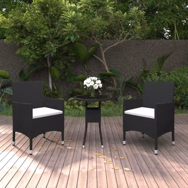 Set da pranzo per giardino e terrazzo vidaXL in 3 pezzi in polyrattan nero con piano in vetro e design moderno