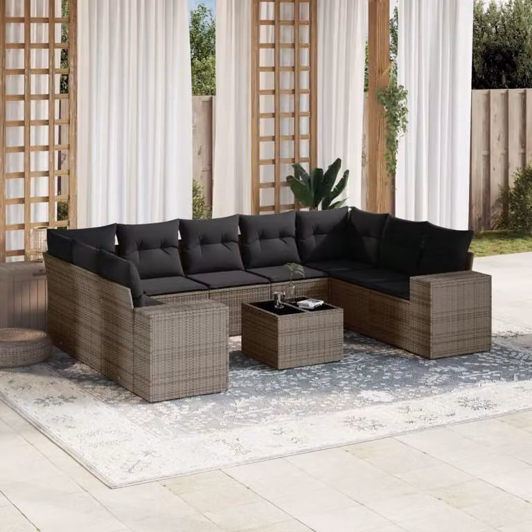 vidaXL Set Divano da Giardino a L 10 pz in Polyrattan Grigio con Cuscini e Tavolino