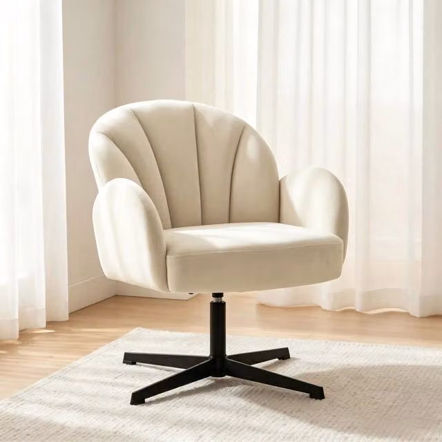 Poltrona girevole REDOM in velluto beige e nero con struttura in metallo, L: 64,5 cm, P: 68 cm, H: 80 cm – 1