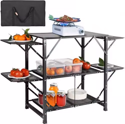VEVOR Cucina da Campeggio Pieghevole Portatile con 2 Ripiani in Metallo Nero, L/P/H: 126 x 46 x 81 cm