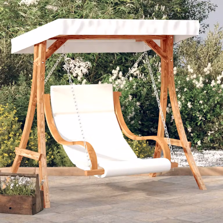 vidaXL Sedia a Dondolo con Tetto e Cuscini in Legno di Abete, Beige e Bianco