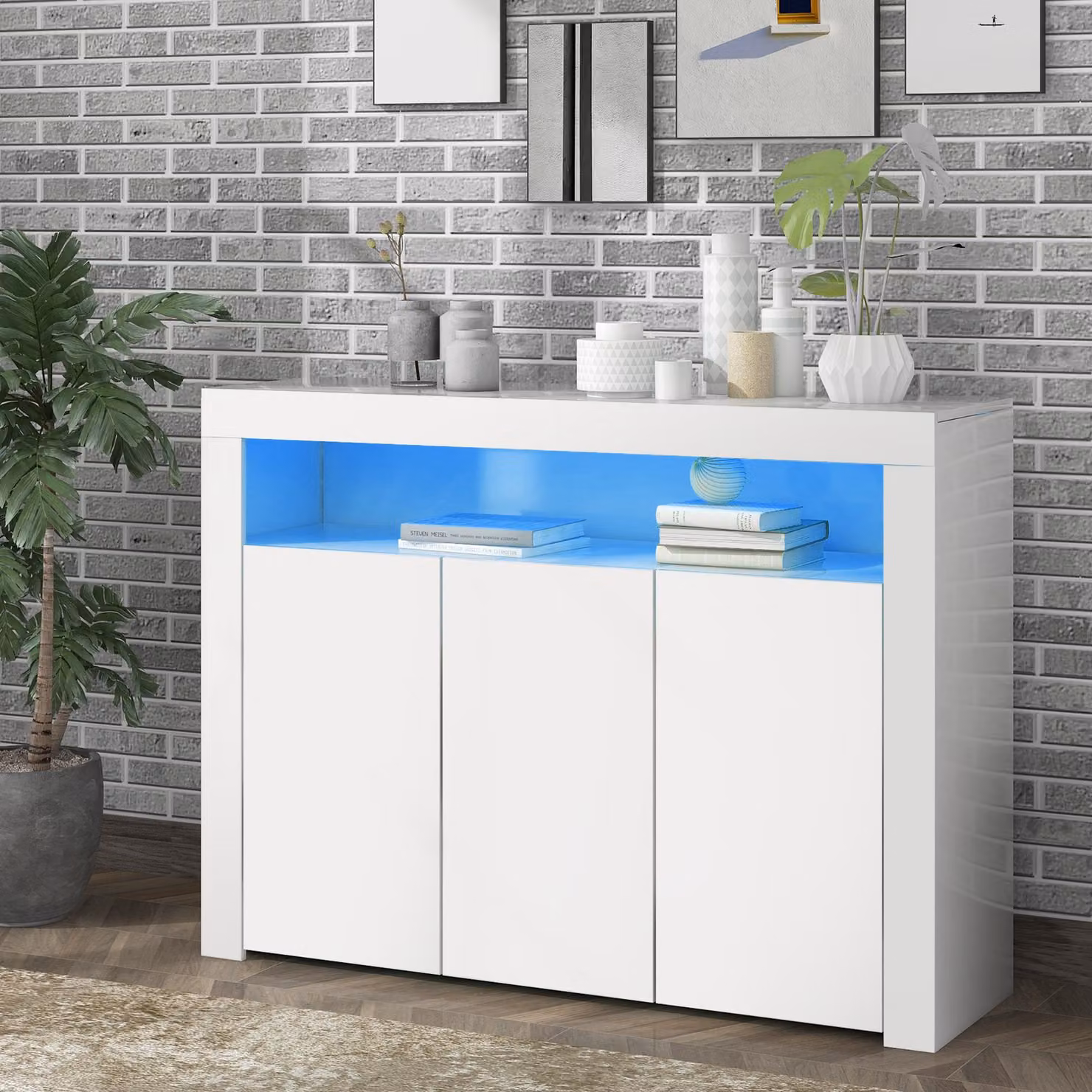 Credenza Merax lucida con LED, moderna vetrina a 3 ante con controllo tramite app, look in vetro e ampio spazio per il soggiorno, la cucina o il corridoio, bianco