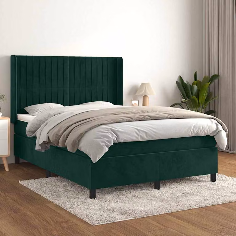 vidaXL Letto Ibrido con Giroletto a Molle e Materasso in Velluto Verde Scuro, L/P: 140 x 200 cm