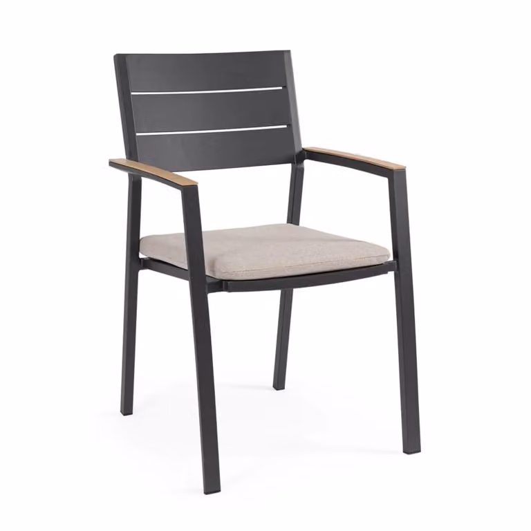 Set 4 sedie da giardino ZELMAR con cuscino tortora, braccioli effetto legno e struttura in alluminio antracite