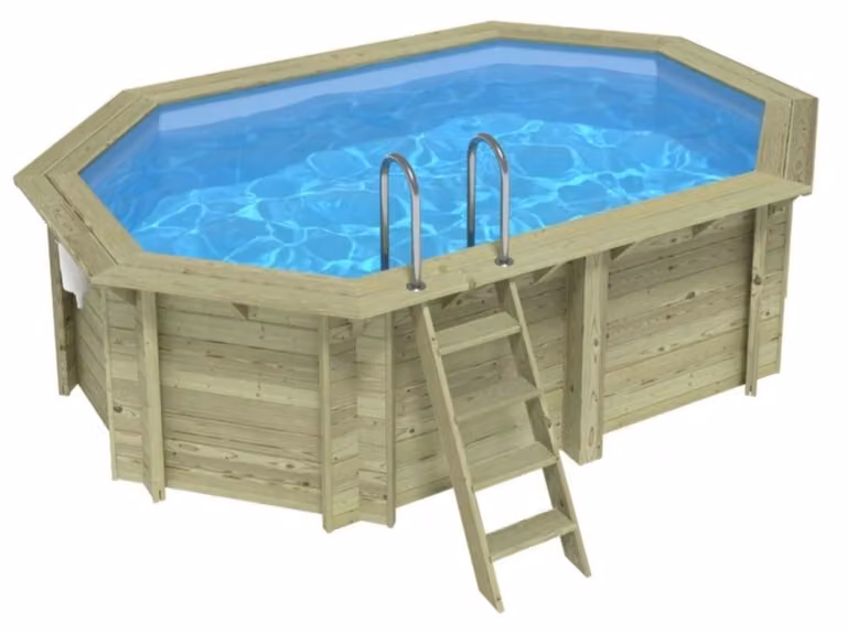 Piscina in legno NEMO 4.3 x 3 - H.1.18 m, azzurro chiaro, con supporti fissati al calcestruzzo