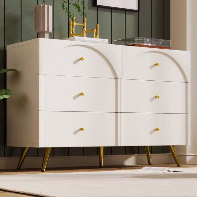 Comò WISHDOR con 6 cassetti in legno e metallo, colore bianco, H 85 x L 120 x P 40 cm