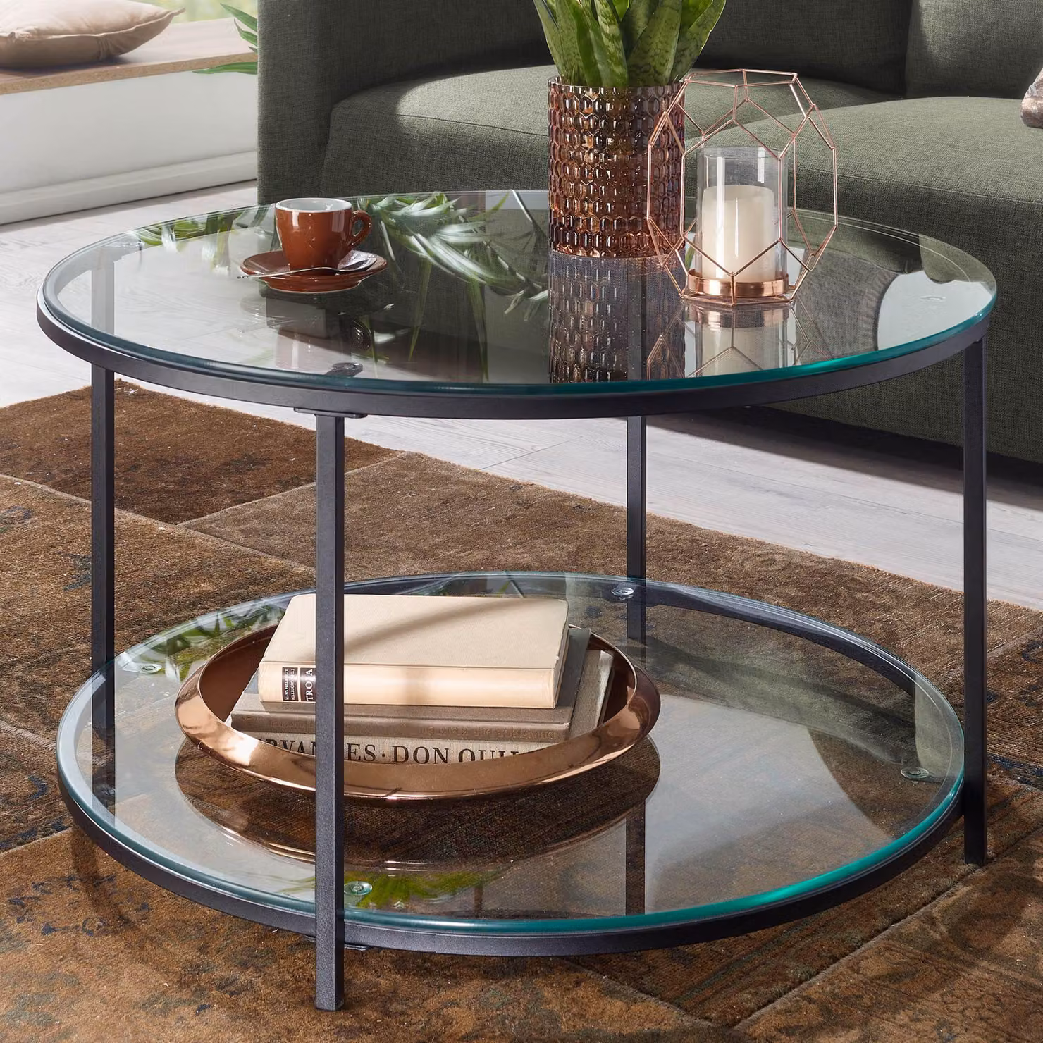 FineBuy tavolino 80x80x45 cm vetro / metallo tavolo da soggiorno rotondo moderno | Tavolino con contenitore | Tavolino con contenitore