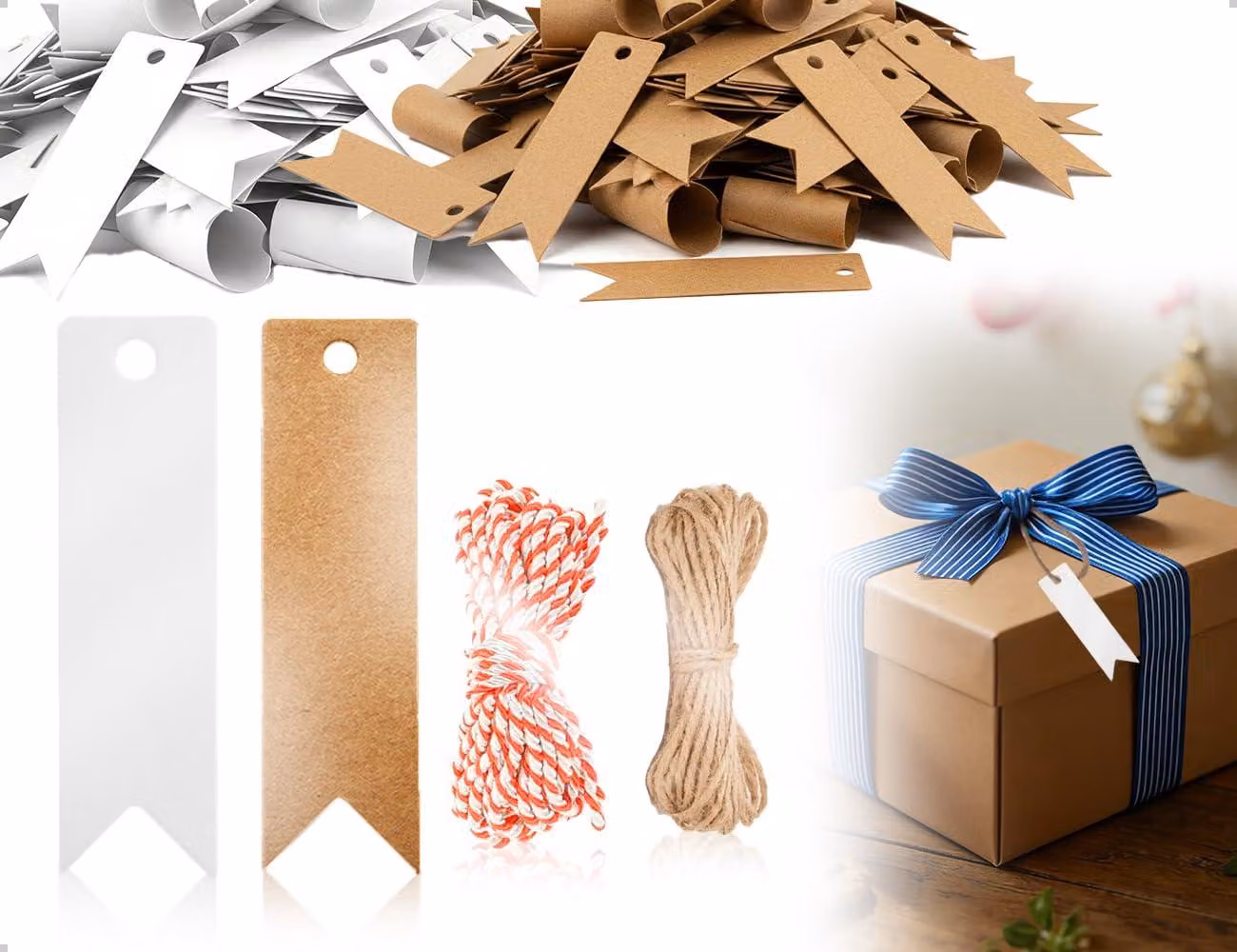 200 etichette in carta kraft con nastro di iuta, scrivibili, nei colori marrone kraft e bianco