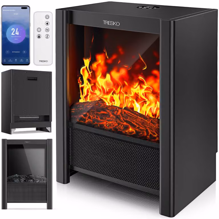 Camino elettrico a pavimento, moderno, con fiamme LED e controllo intelligente, potenza 2000W, struttura in metallo nero