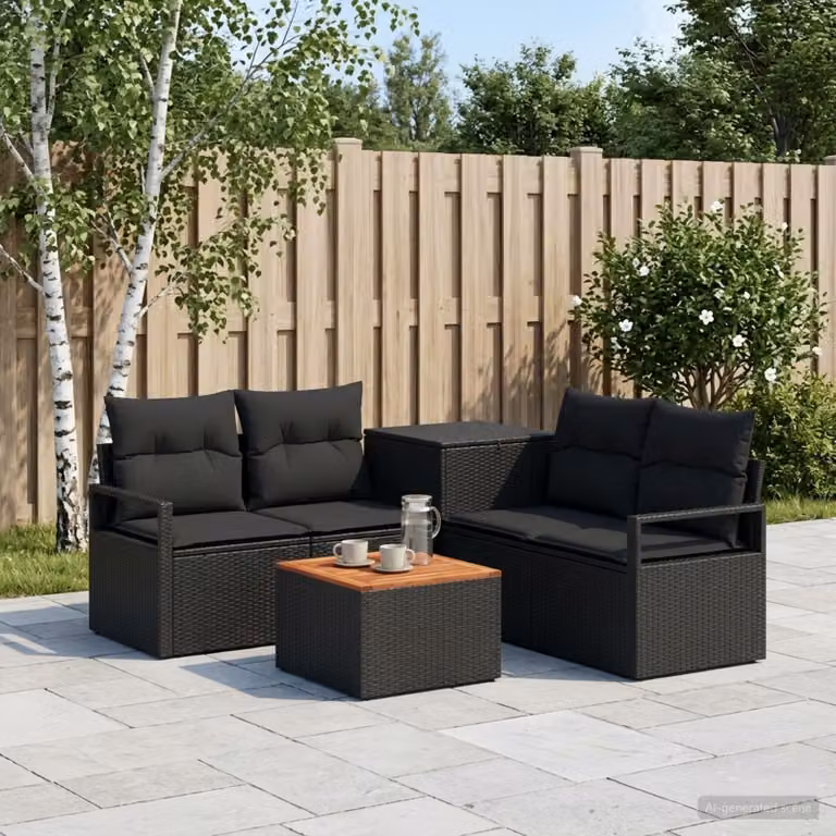 Set di divani da giardino vidaXL in rattan sintetico e metallo nero con cuscini e tavolino da esterno a forma di L