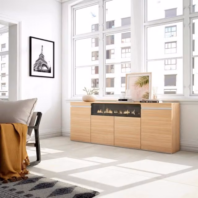 Credenza, Mobile, Cucina, 200x75x35cm, 4 Porte, Camino elettrico, Rovere soft e bianco