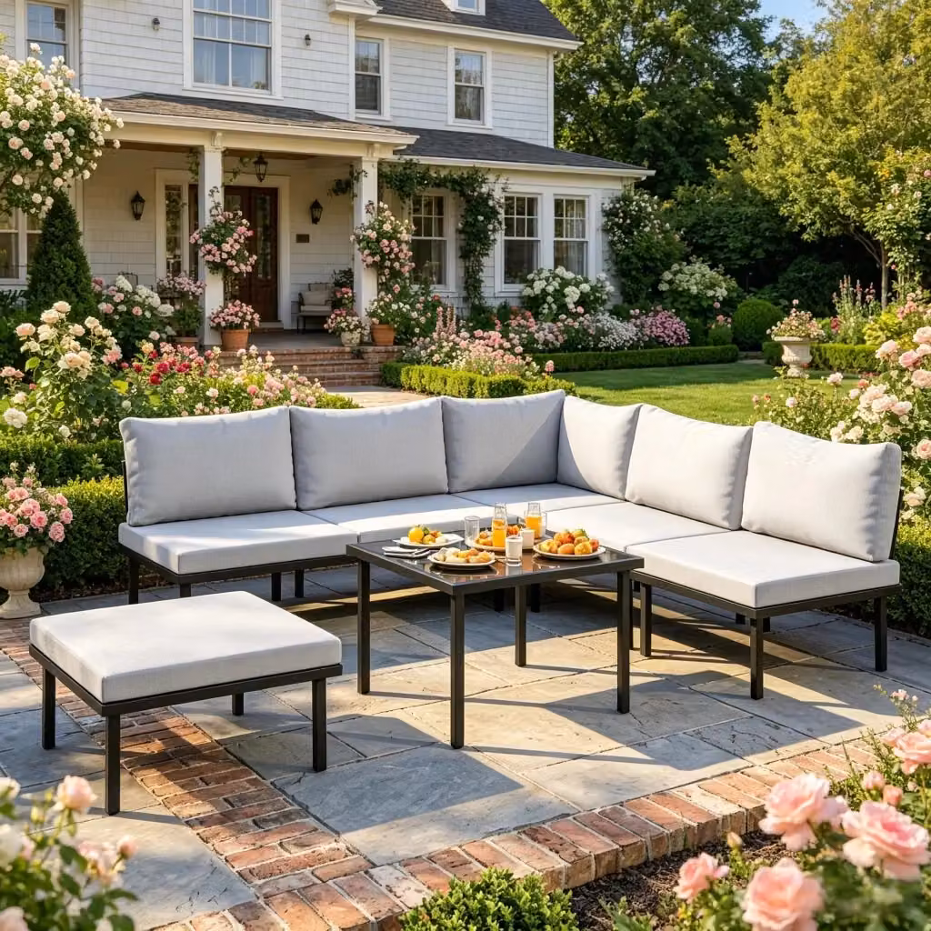 Set da giardino moderno MIVRAY composto da 6 pezzi con divano a 2 posti, elemento angolare, ottomana, tavolino e sedute con cuscini in tessuto grigio e struttura in acciaio nero – 2