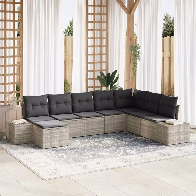 Set Divano da Giardino vidaXL 8 Pezzi in Polyrattan Grigio con Cuscini e Tavolino da Esterno